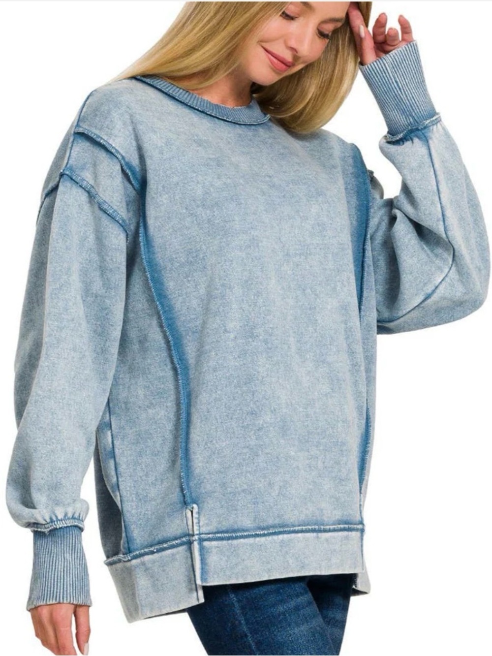 Zenana Outfitters acid Wash Exposed Seams Pullover Sweatshirt - Light Blue M